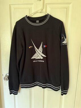 Helly Hansen Black Crewneck with White Sail Logo and Accent Flags